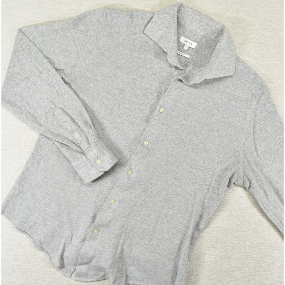 Reiss Mens Medium Grey Knit Button Up Shirt Spread Collar Long Sleeve Slim